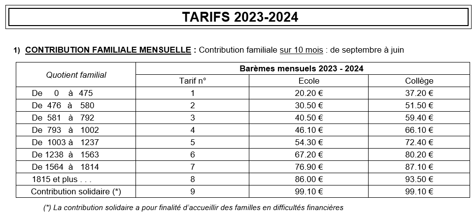 capture d’écran tarifs